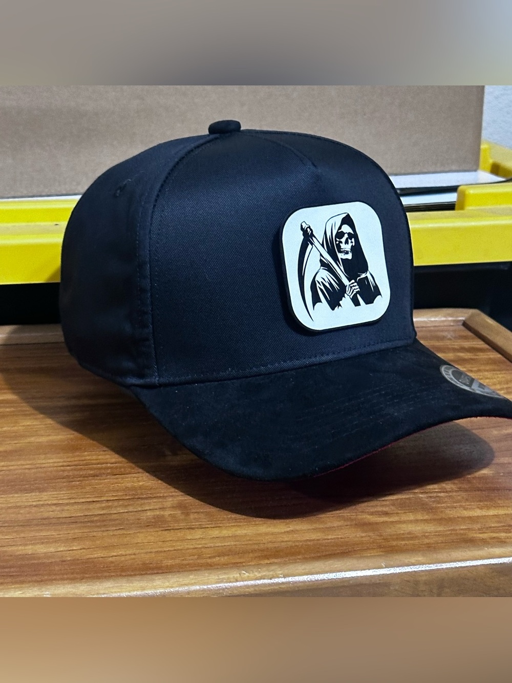 Black Grim Reaper SnapBack la Santa muerte Patch Baseball hat with a SUEDE BILL